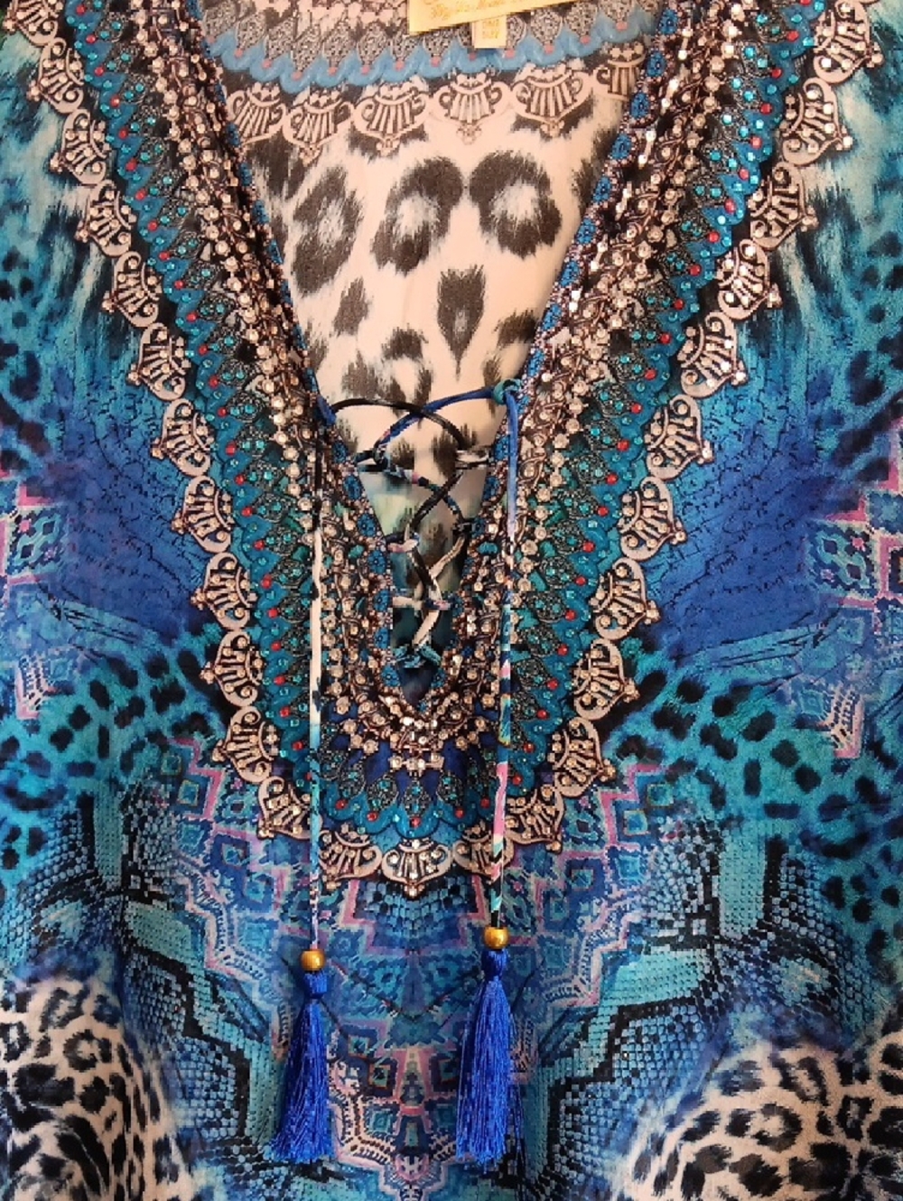 True Colours Embellished Blue & Teal Women's Kaftan - Picture 3 of 8